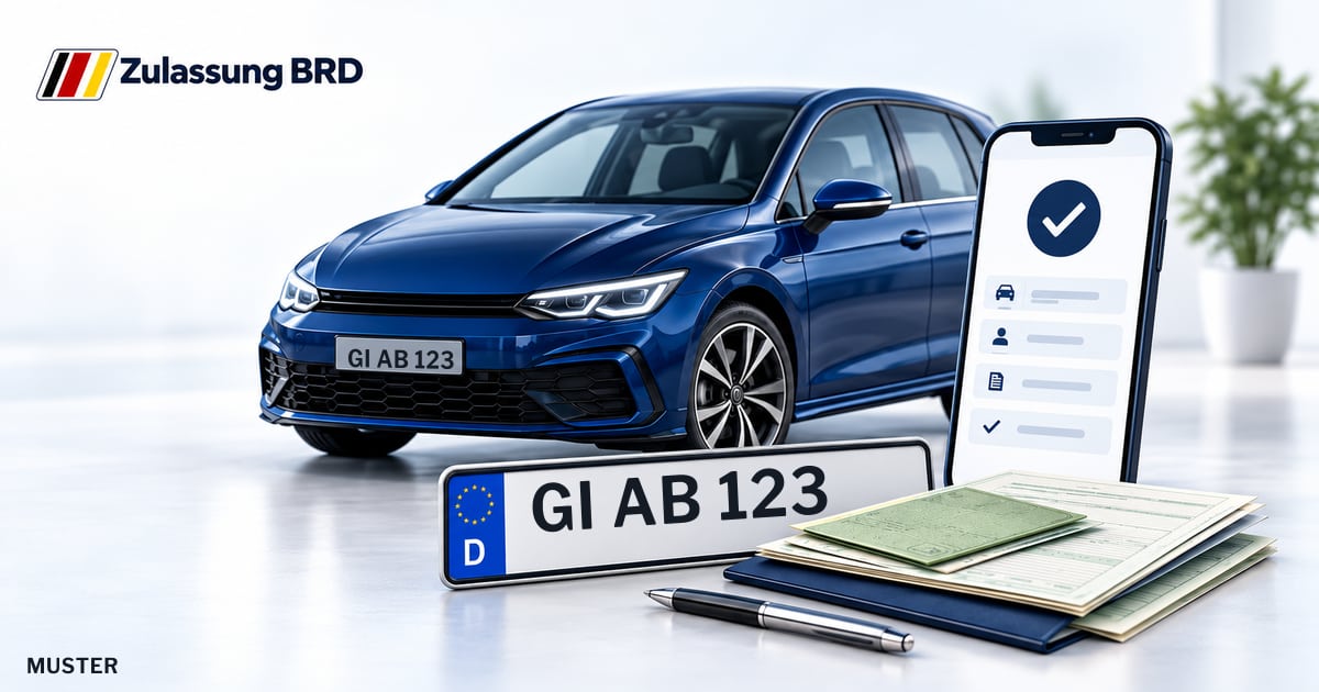 Online Fahrzeugzulassung in Hungen: Musterkennzeichen GI AB 123, Auto und Fahrzeugpapiere und Smartphone. Illustration mit Logo von Zulassung BRD.